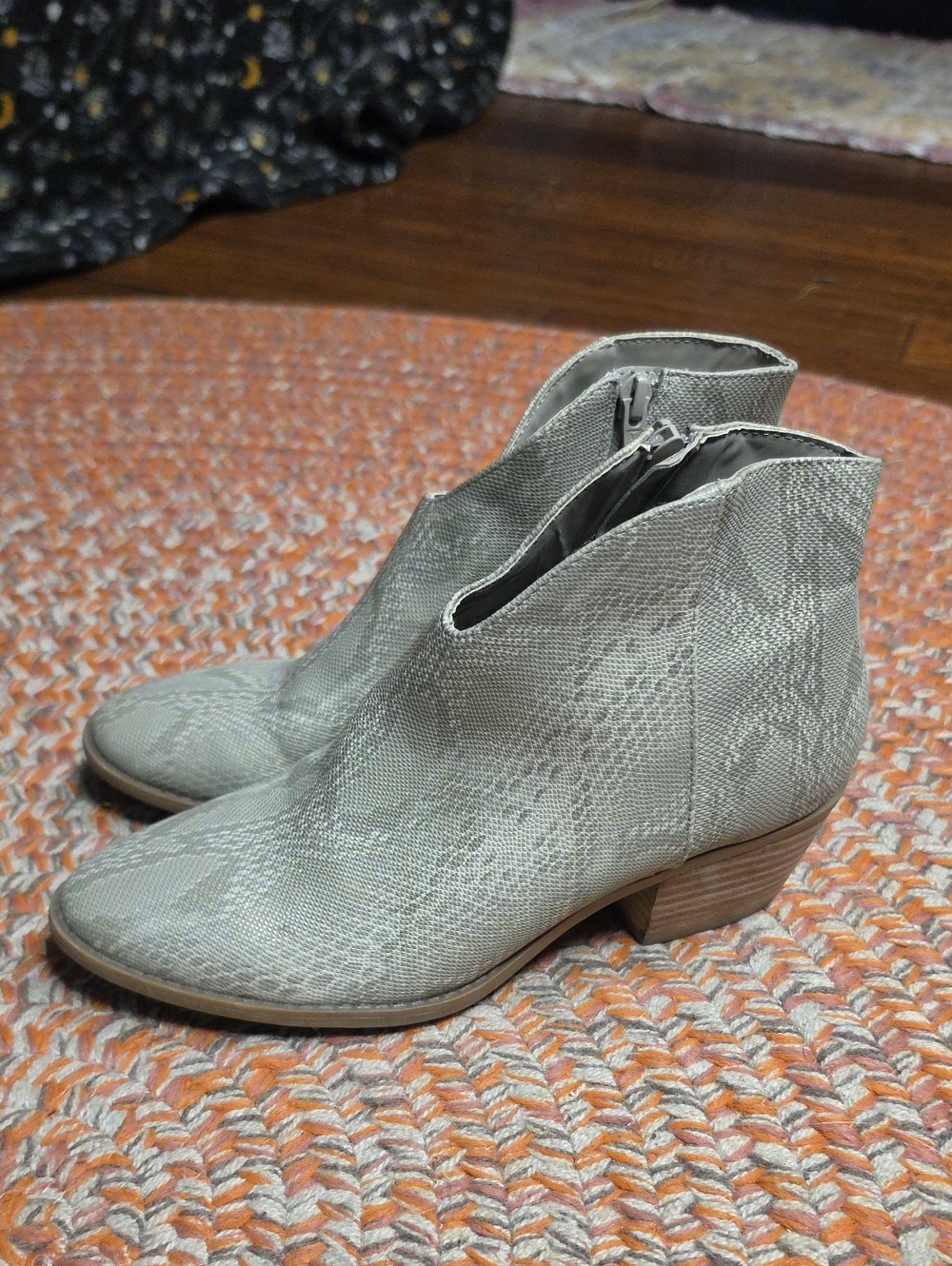 Light Gray Snake-Print Ankle Booties with Side Zip